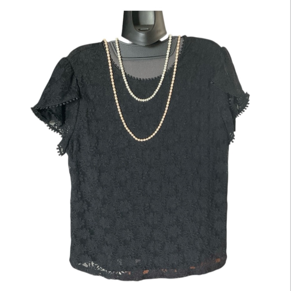 Liz Claiborne Black blouses Floral Lace with Keyhole Detail L
